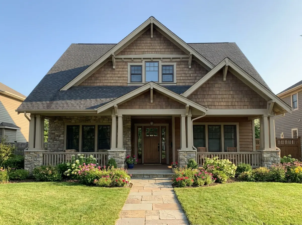 A two-story home photographed from the front yard, the full roof visible — the kind of ground-level photo a homeowner sends us.