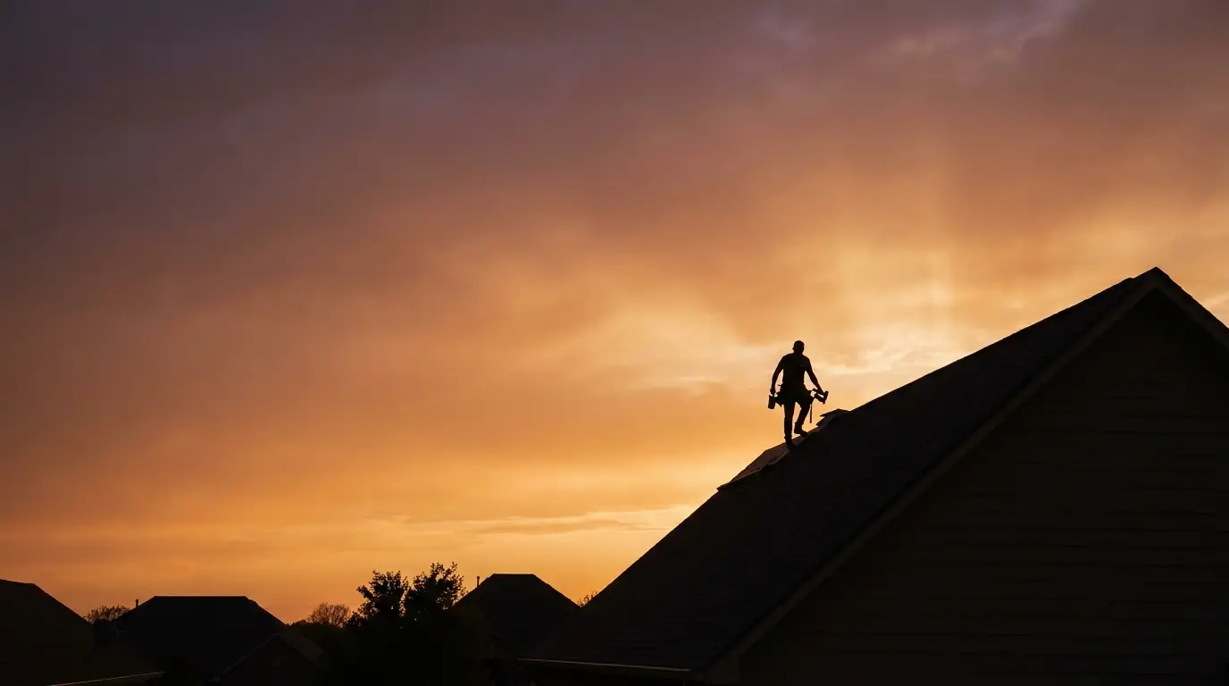 A roofer silhouetted on a roof ridge against a sunset sky.